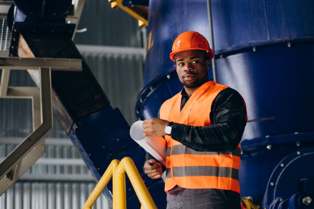 Home african american worker standing in uniform wearing a safety hat in a factory